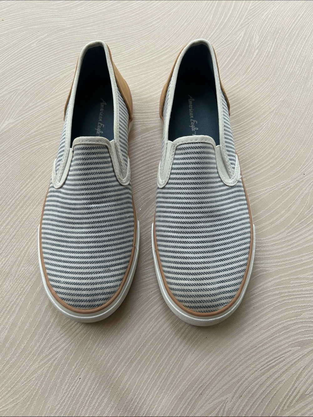 American Eagle Men’s Slip-On Canvas Shoes in White & Navy Stripe